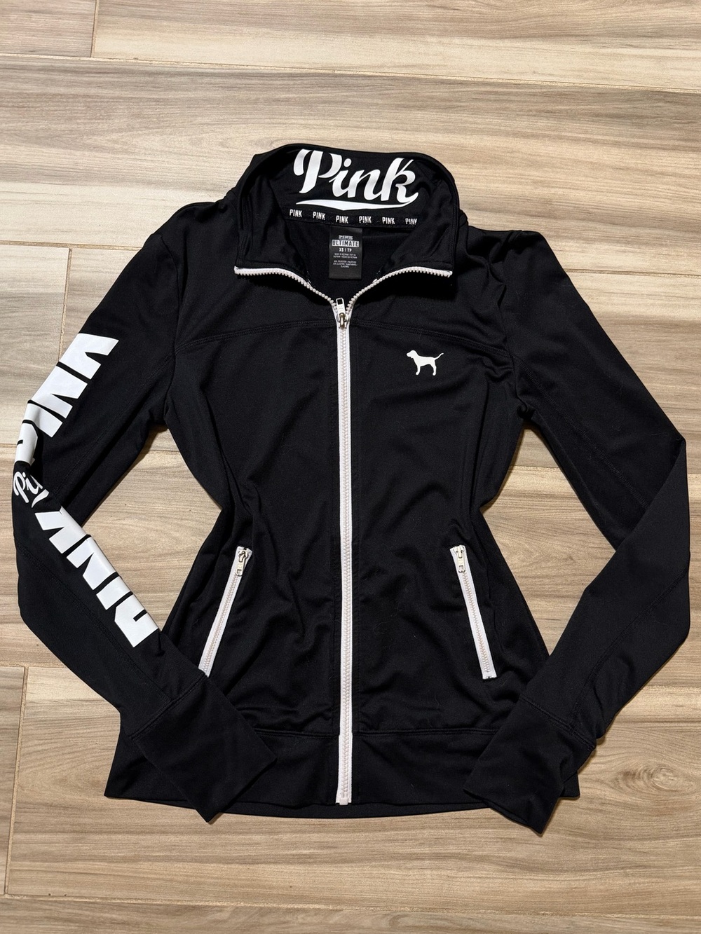 PINK Victoria's Secret Black Zip Front Athletic Jacket with White Accents